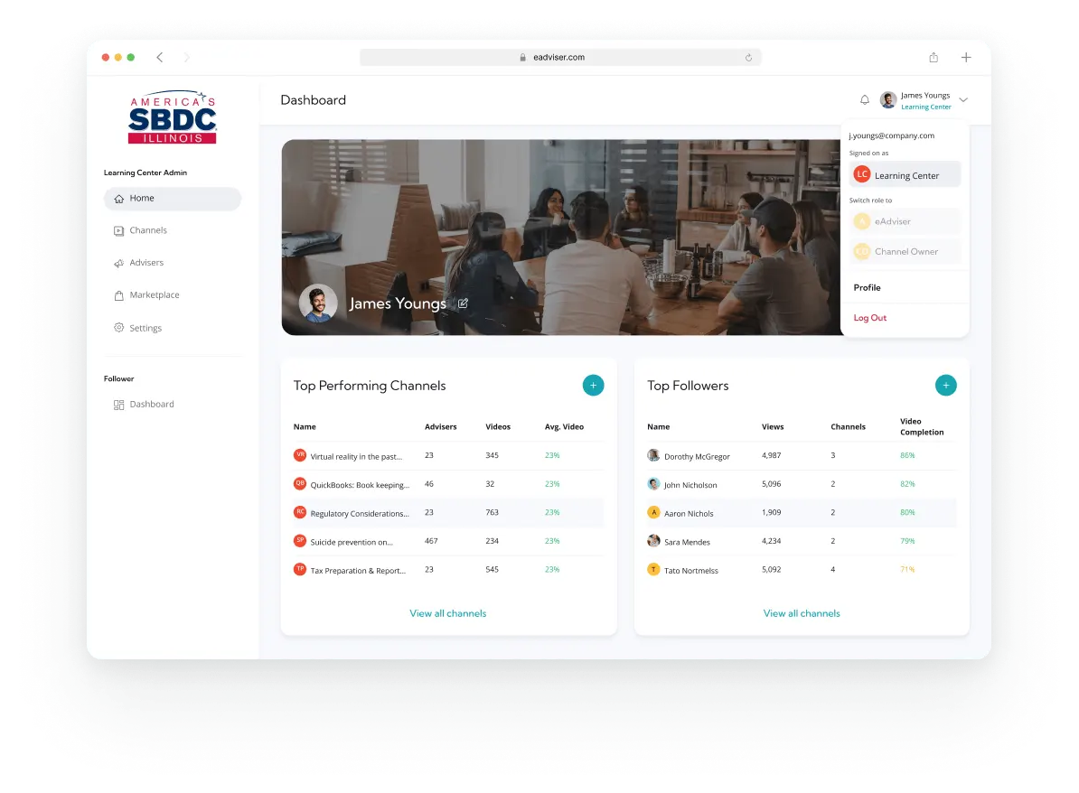 Dashboard screen for eAdviser webapp