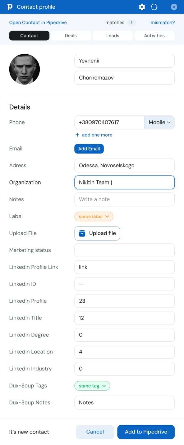 LinkMatch CRM interface for creating and editing deals, activities, and contact details in multiple views