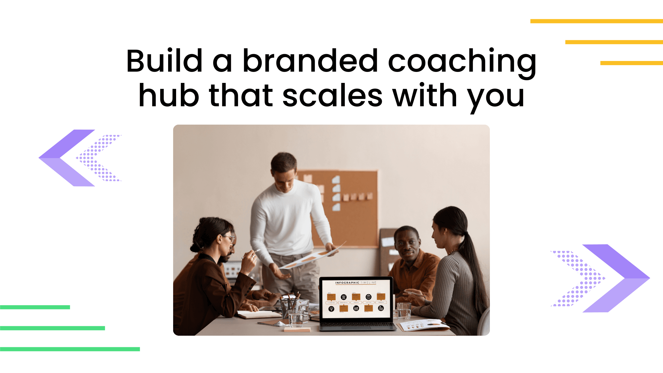 Team of coaches collaborating around a laptop, representing building a branded coaching hub that scales with your business growth.