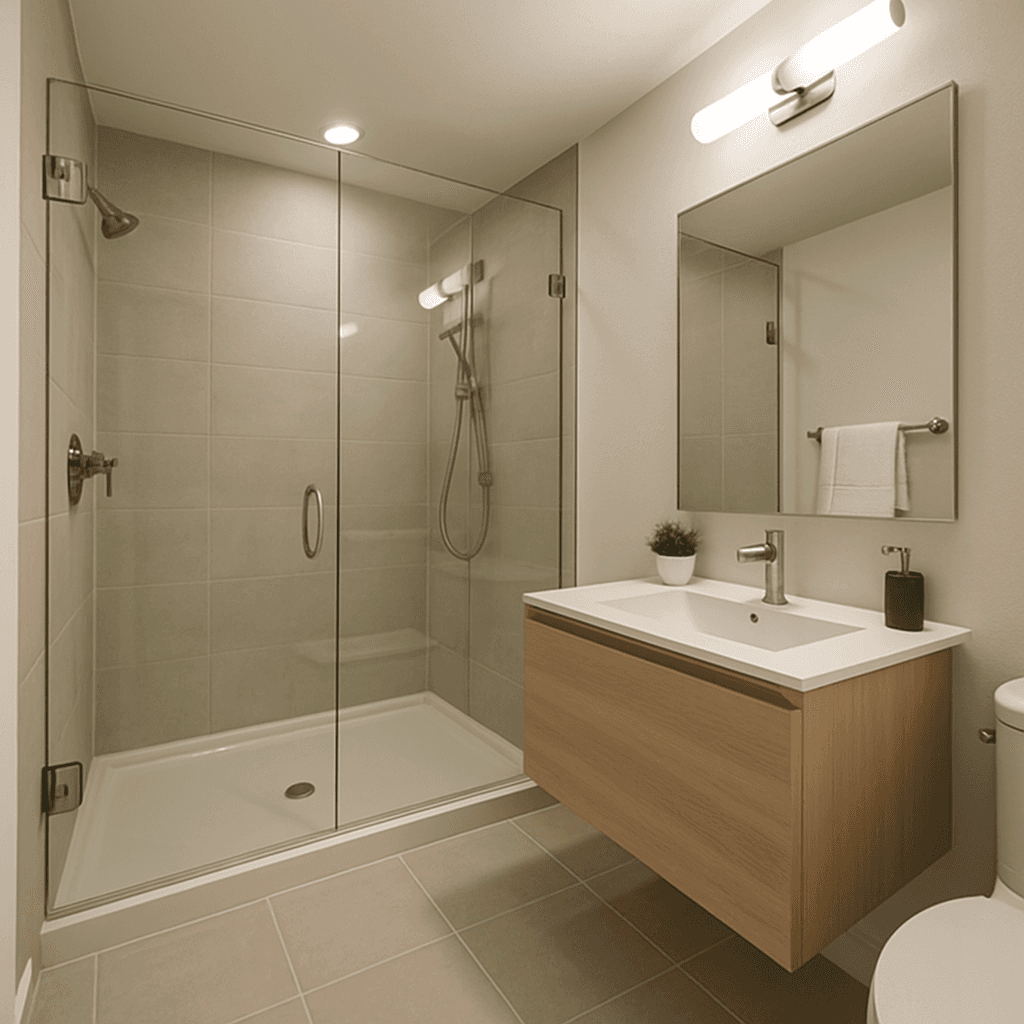 A professionally staged small bathroom in a Bellevue condo featuring a neutral color palette, a glass walk-in shower, and a floating vanity that reveals the floor tiles beneath.