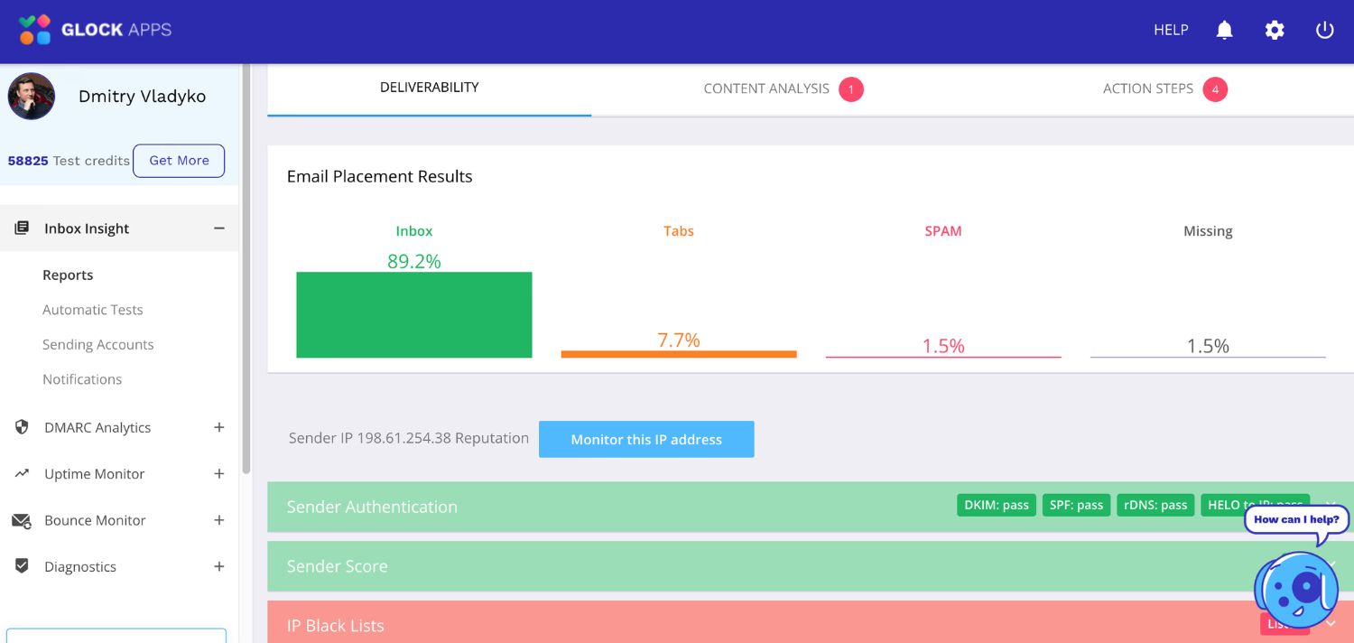 GlockApps.jpeg – Screenshot of GlockApps dashboard used for testing email deliverability and spam placement.