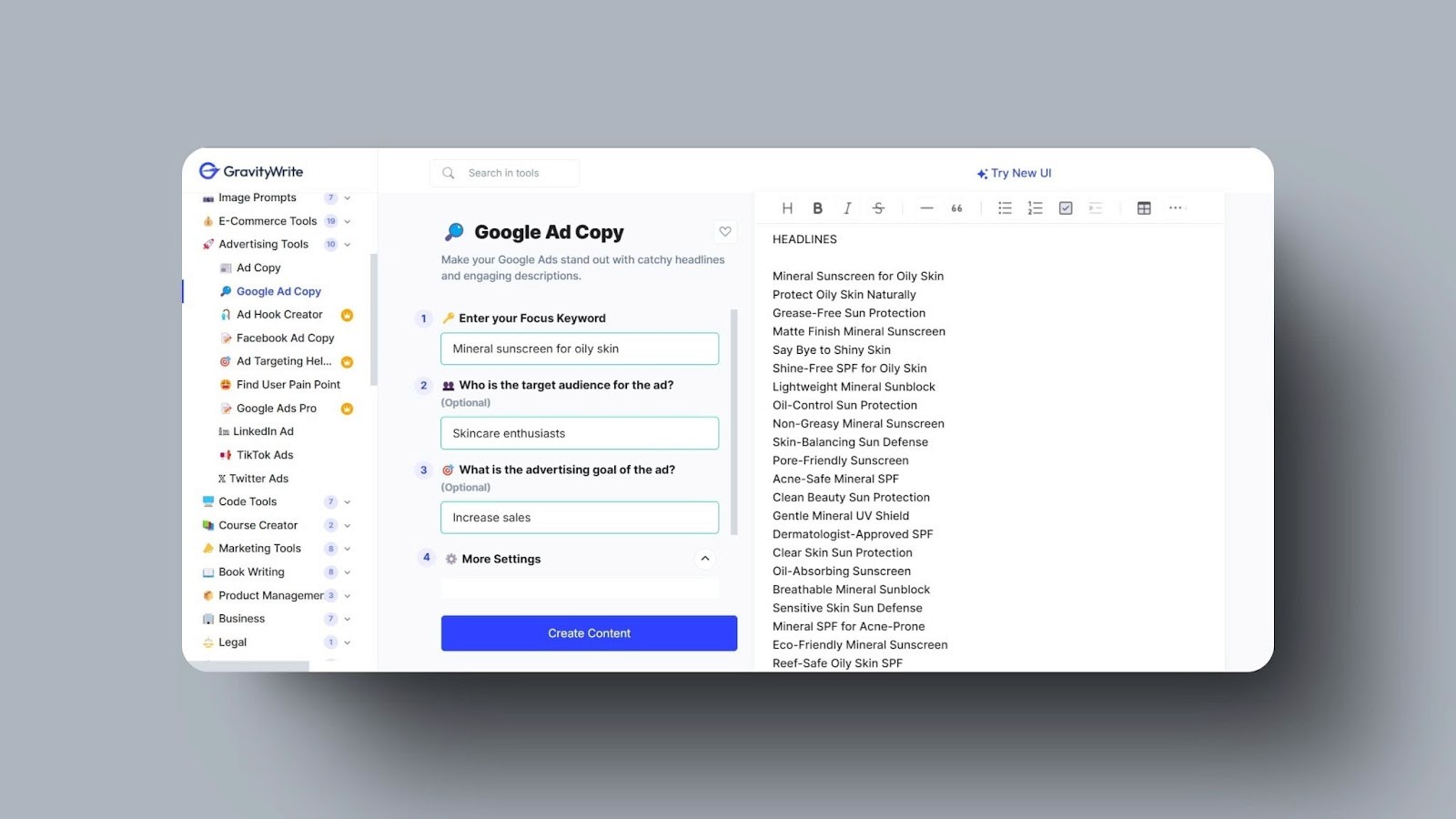 snapshot of GravityWrite's Google Ad Copy tool generating headlines for mineral sunscreen targeting skincare enthusiasts to increase sales.

