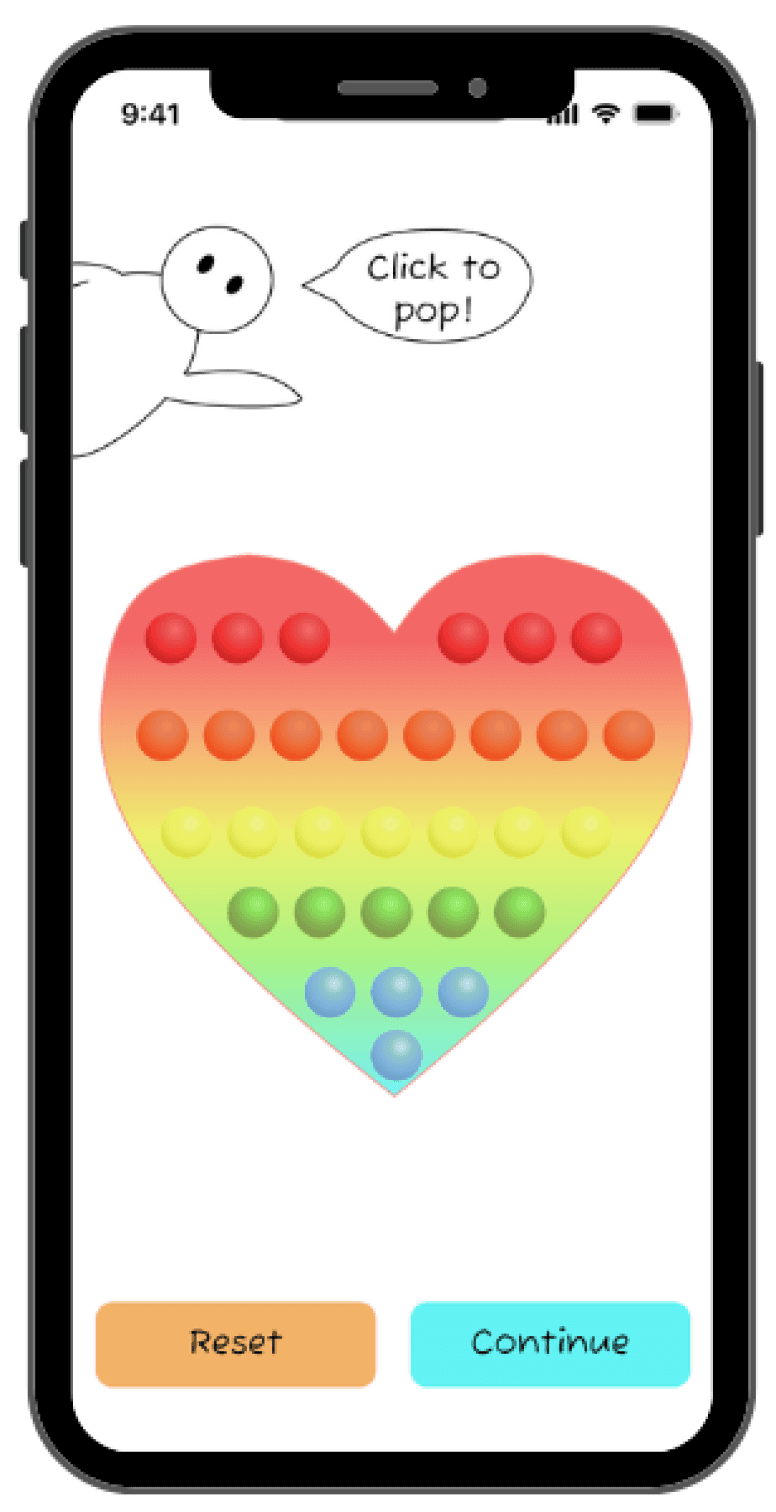 Heart pop-it activity, with Fidgy avatar prompting "Click to pop!". Reset and Continue buttons located at the bottom of the screen