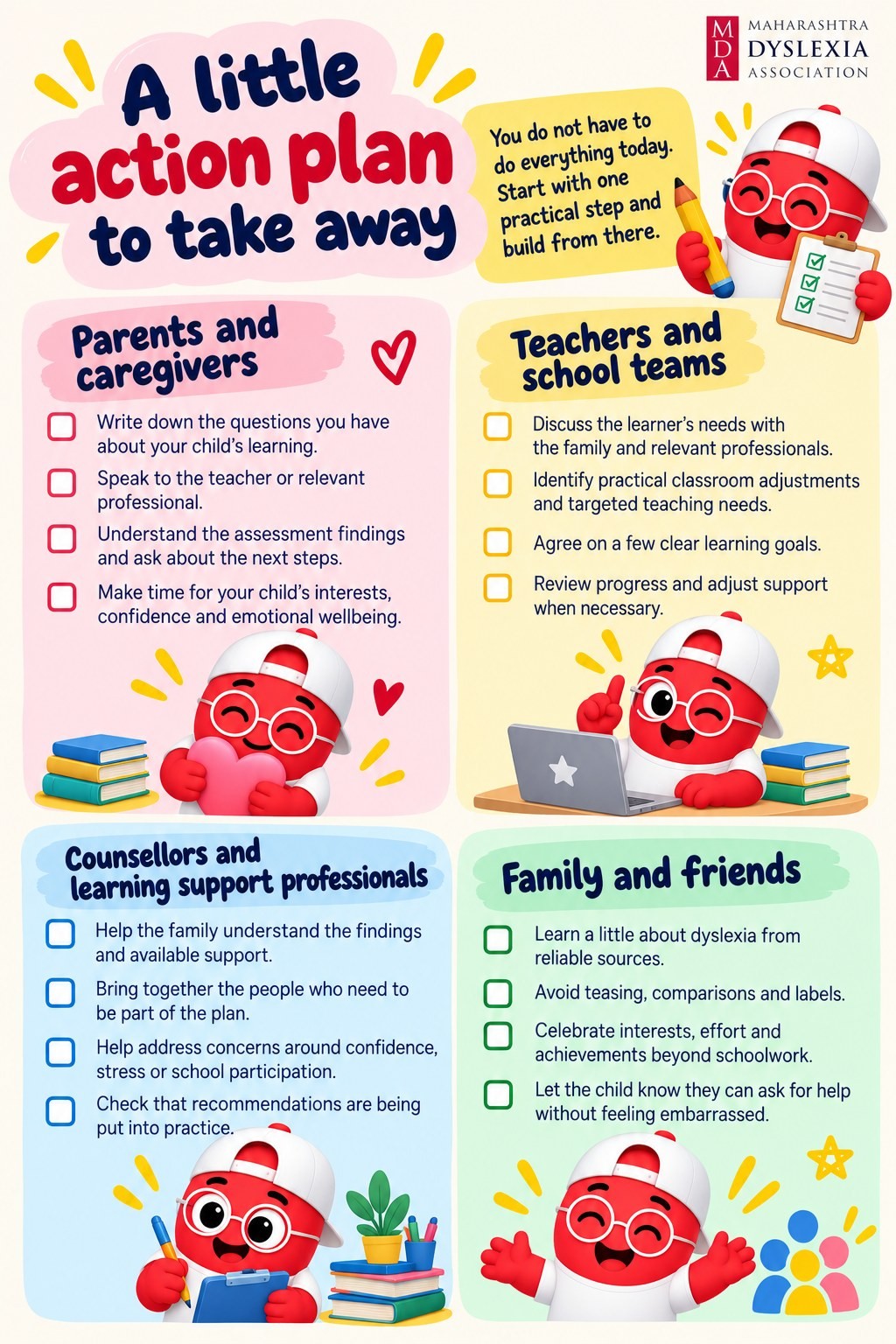 Infographic: A little action plan to take away, with checklists for parents and caregivers, teachers and school teams, counsellors and learning support professionals, and family and friends.