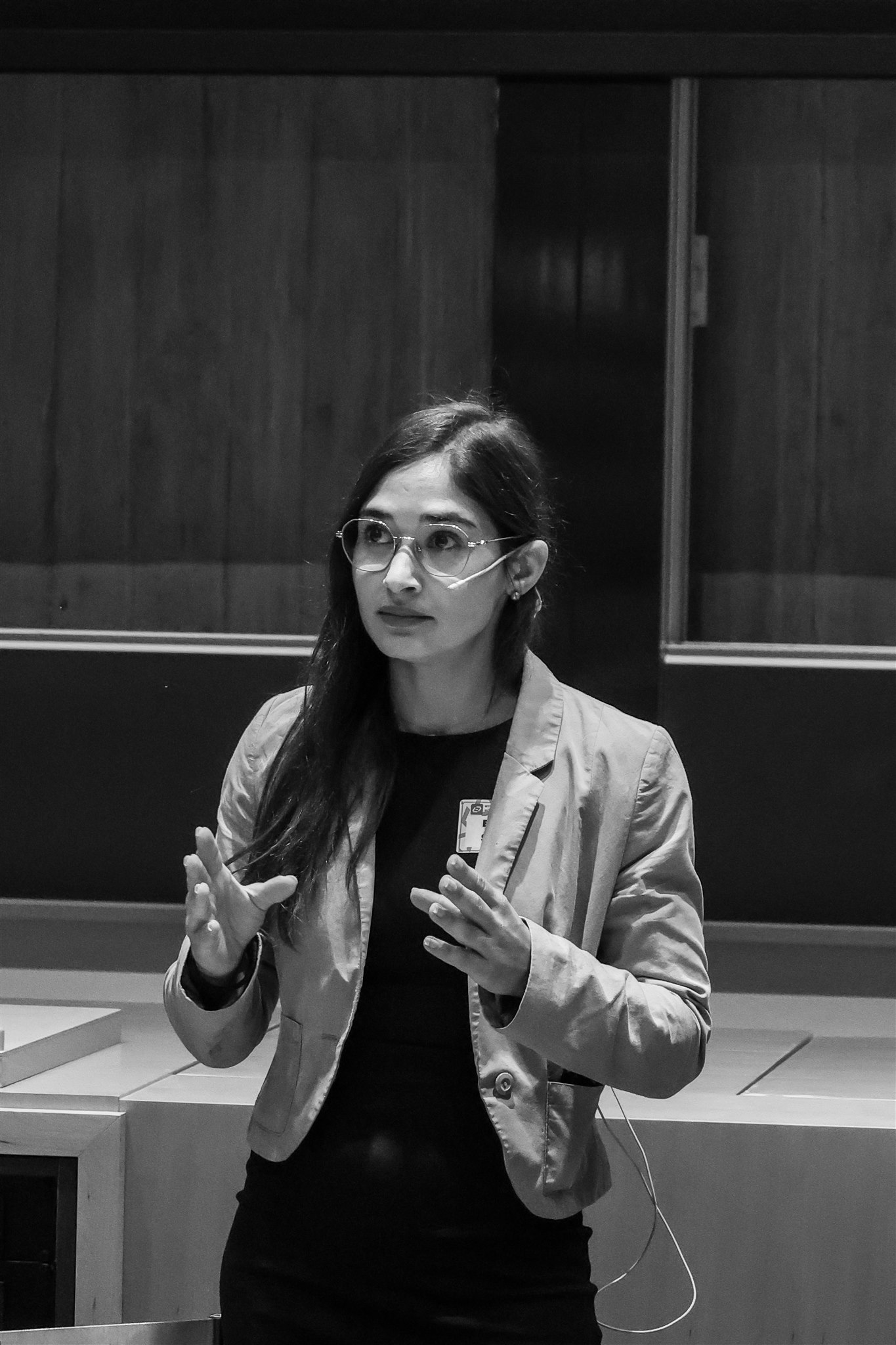 Speaker explaining concept during EthereumZüri conference black and white