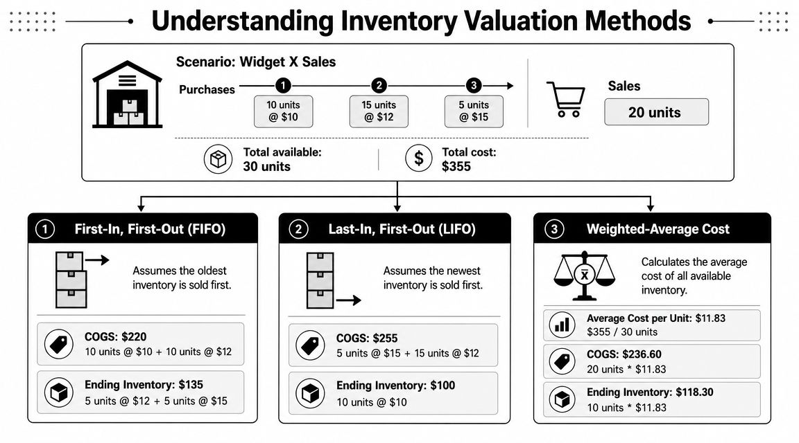 A chart explaining inventory valuation methods including FIFO, LIFO, and weighted-average cost with sample calculations.