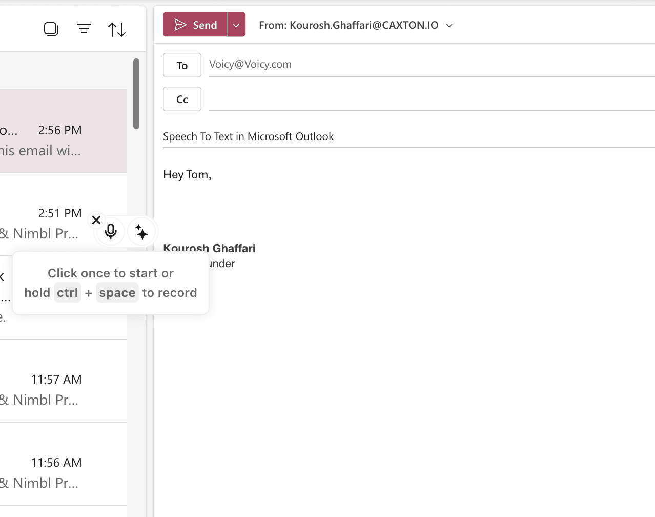 A screenshot of voice to text functionality with Voicy on Microsoft Outlook