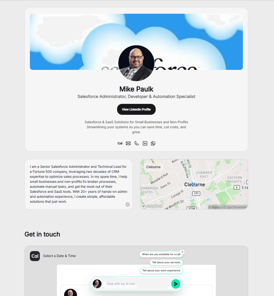 Sales professional link in bio featuring an interactive map, contact details, and AI-powered lead qualification.