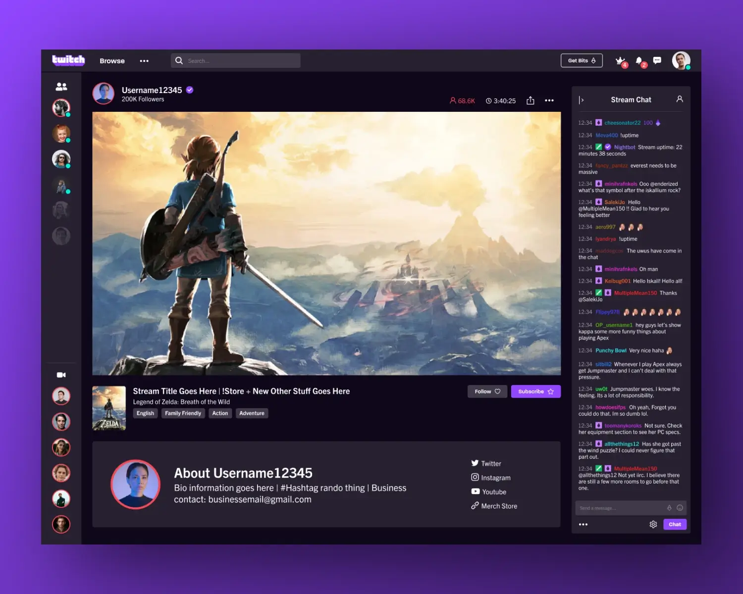 A live stream interface showing a fantasy game with a warrior facing a vast landscape. Includes chat section, profile info, and stream details.