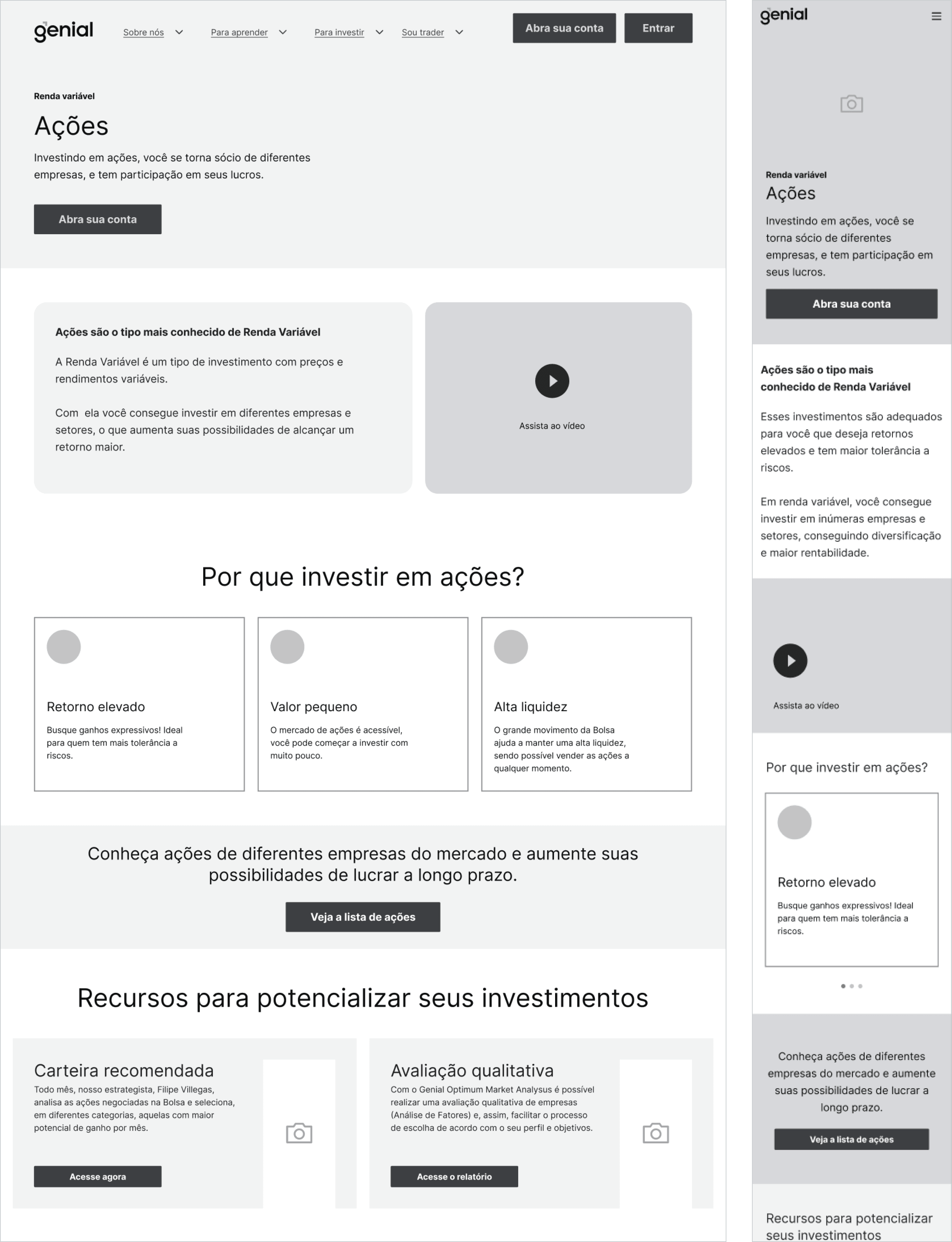 Product page wireframe, desktop and mobile