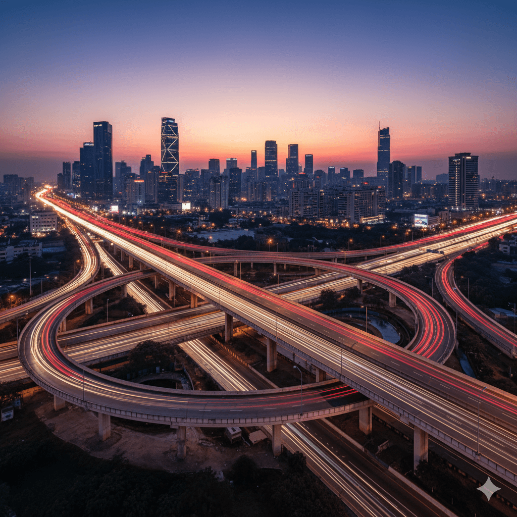 Time-lapse photo of high-rise towers and illuminated highway interchange near M3M Sector 79