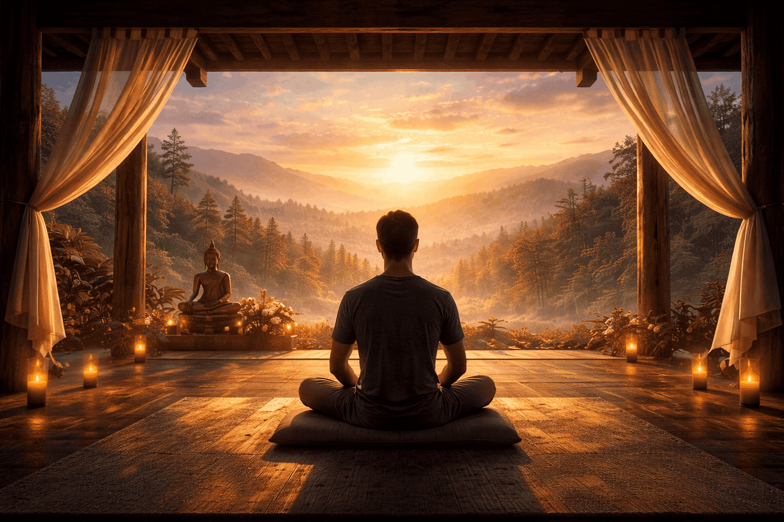 Man meditating during silent retreat at sunrise representing Vipassana meditation and inner transformation