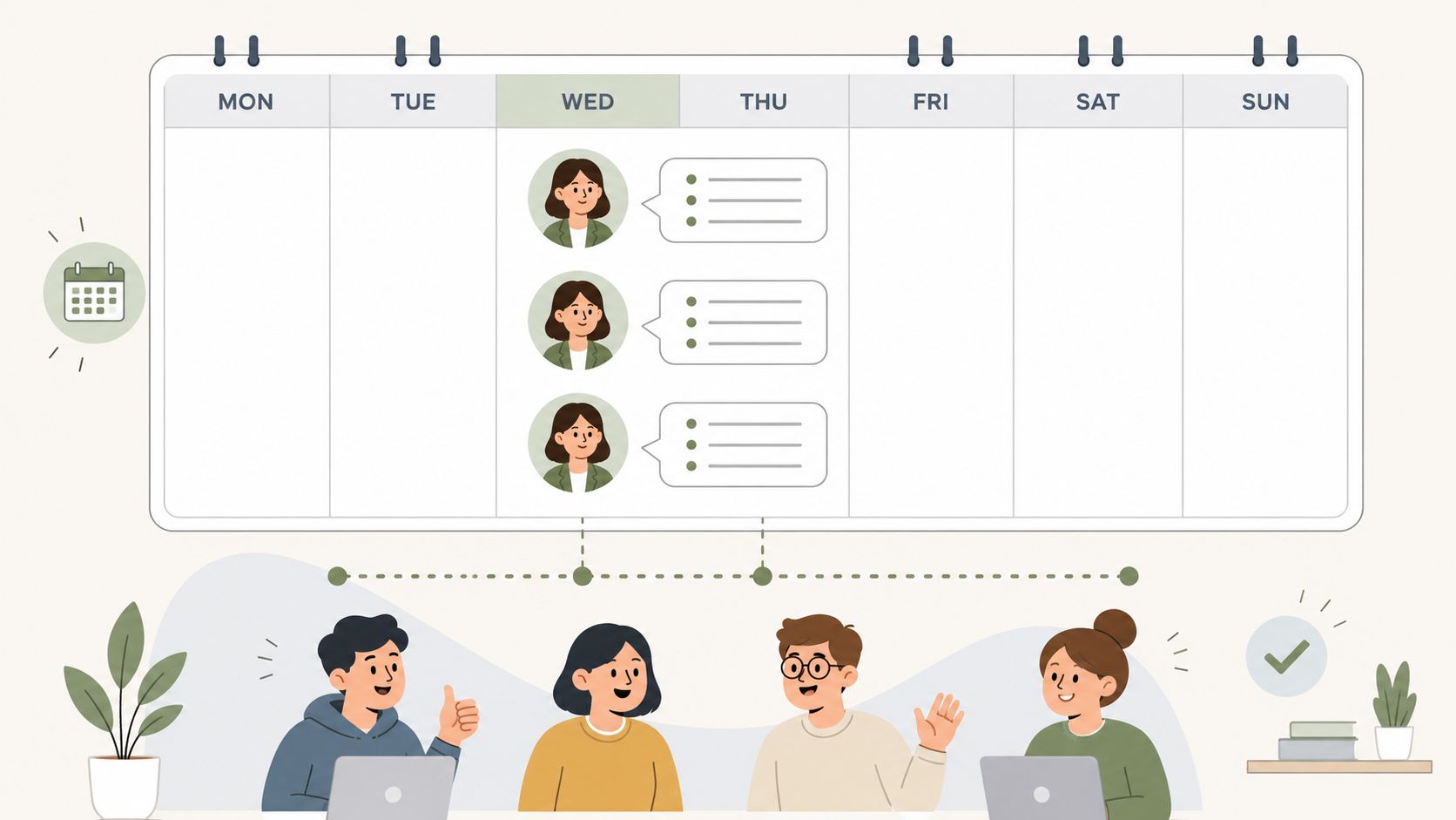 A digital weekly planner illustration featuring a team collaborating with notes for Wednesday on a calendar.