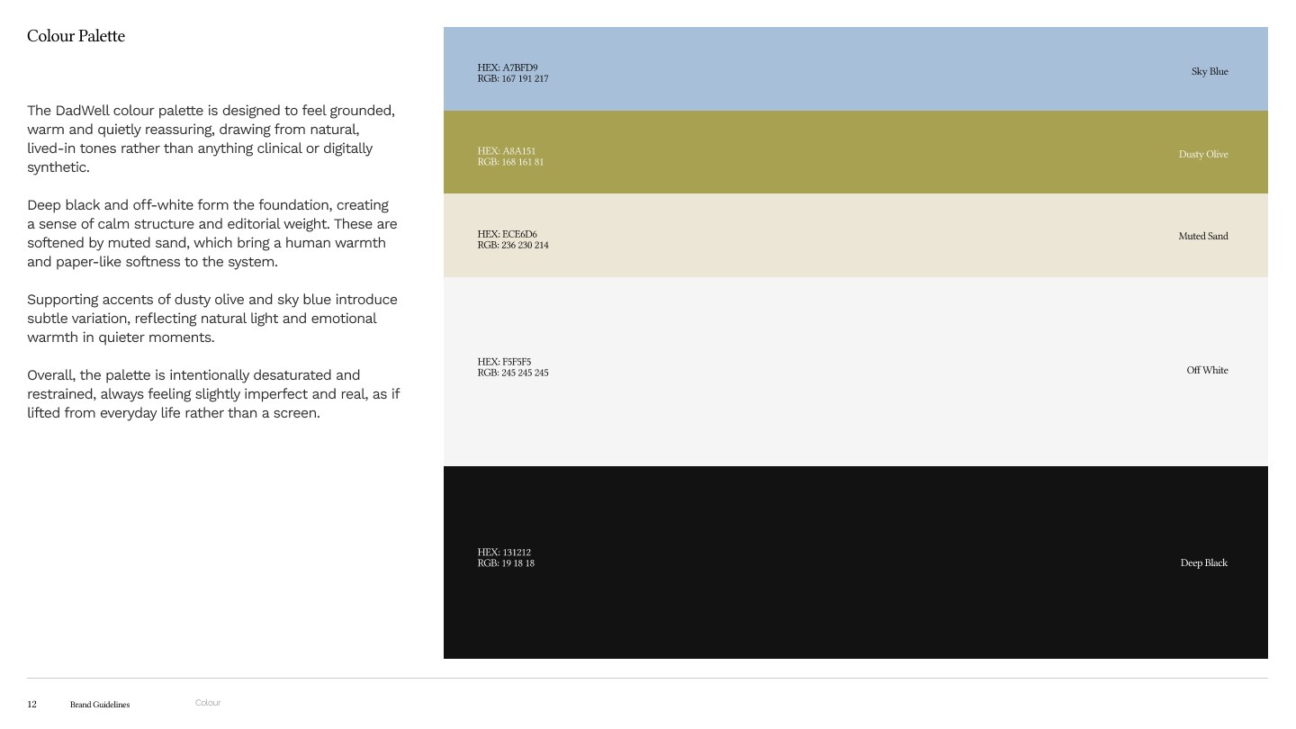 The colour palette with every hex and RGB value, from sky blue and dusty olive to deep black