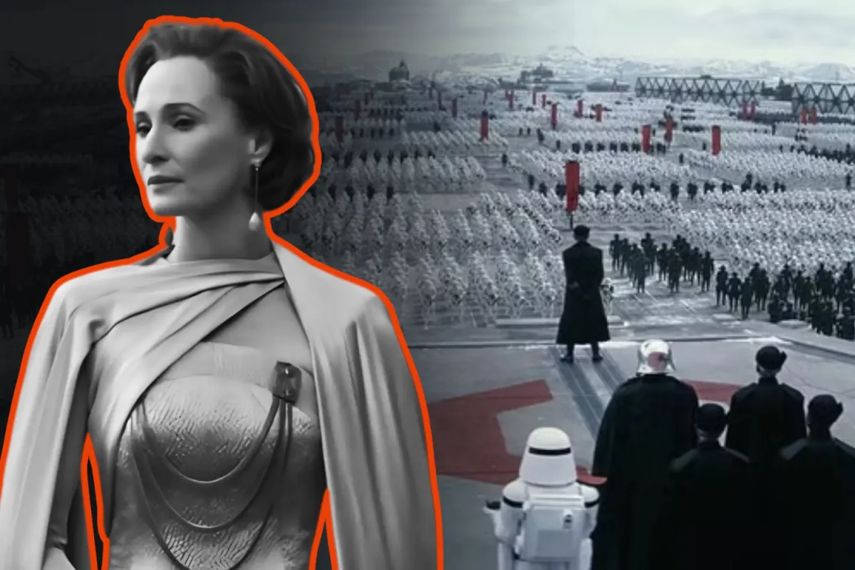 Mon Mothma in grayscale with a stern expression, overlaid on a massive First Order military assembly, symbolizing her opposition to militarization in Star Wars and her decline in power.