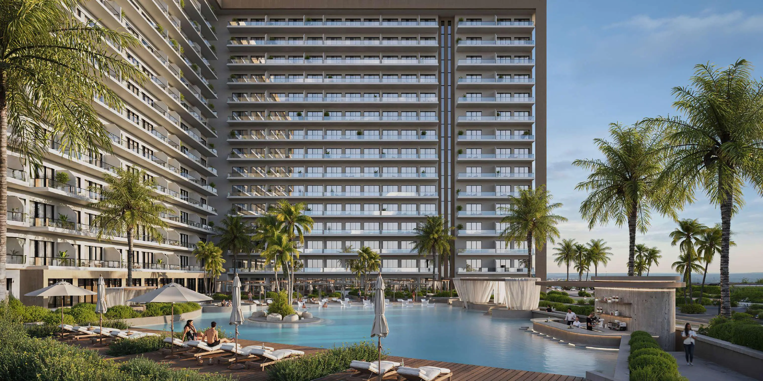 The Oceana pool area features tall buildings and palm trees, creating a serene atmosphere amidst the urban landscape.