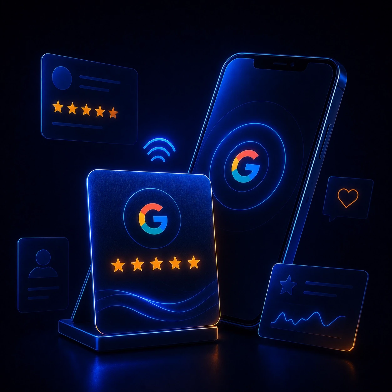 Futuristic Google review card mockup with smartphone, five-star rating interface, and blue orange neon lighting for Lumis agency