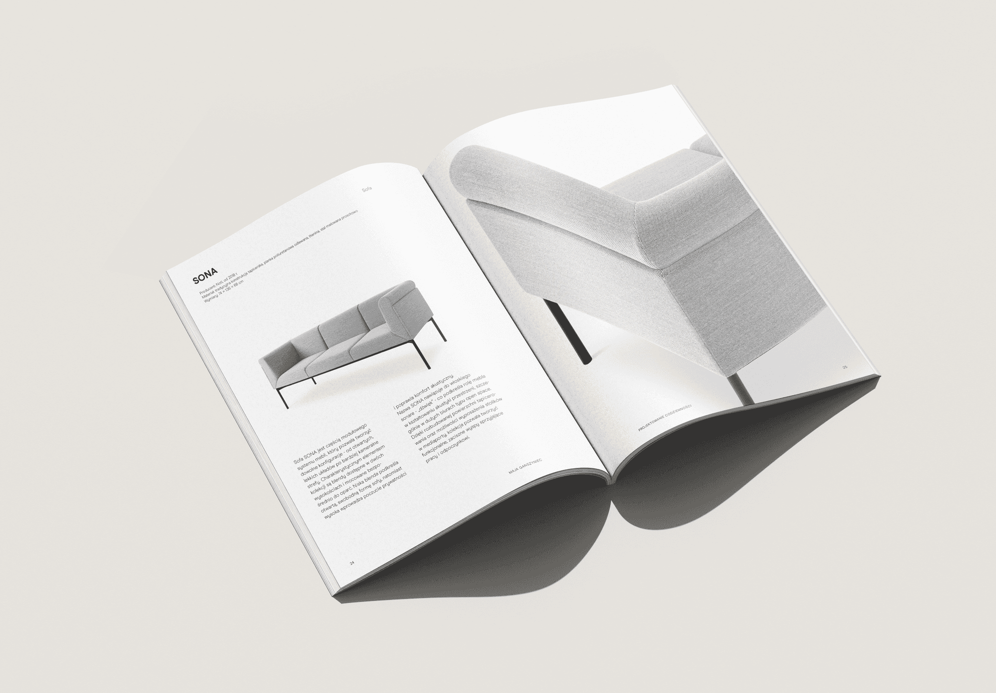 Przykładowa rozkładówka z katalogu  Maja Ganszyniec Projektowanie Codzienności, przedstawiająca układ ze zbliżeniem na detal