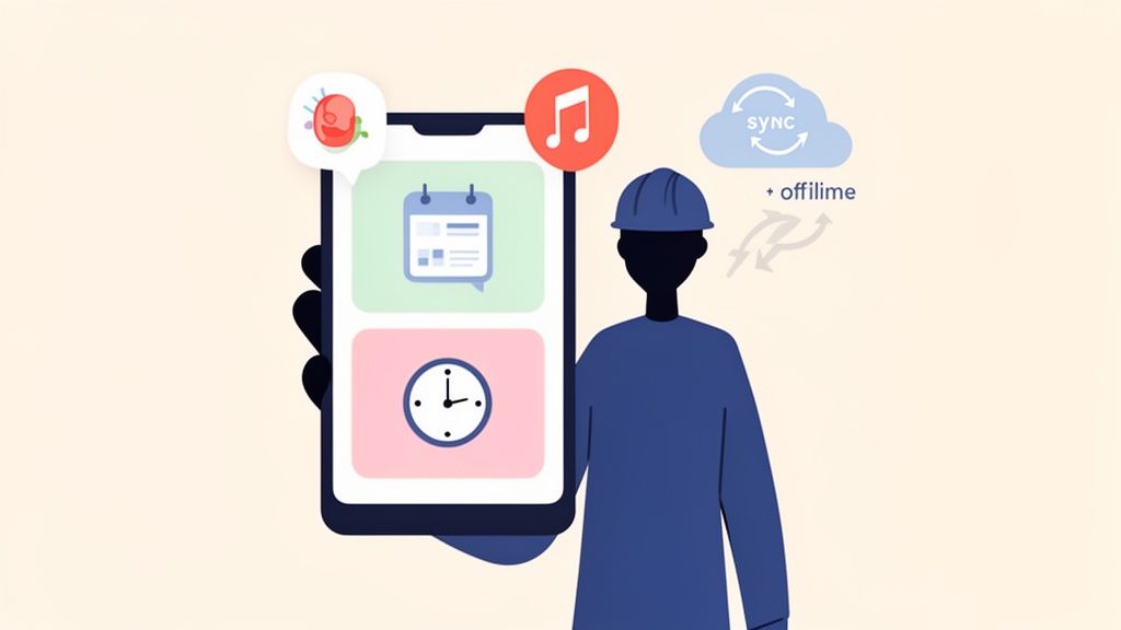 Illustration of a worker using a smartphone with various apps and cloud sync for offline work.