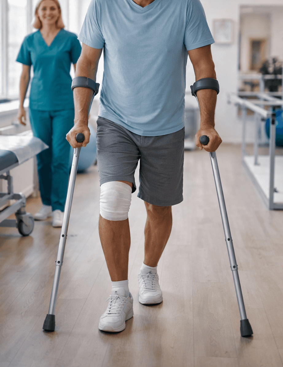 Patient walking with crutches during post-surgical rehabilitation