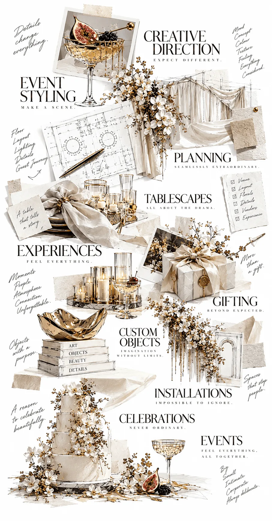 BASSS services: creative direction, event styling, planning, tablescapes, experiences, gifting, custom objects, installations, celebrations and events