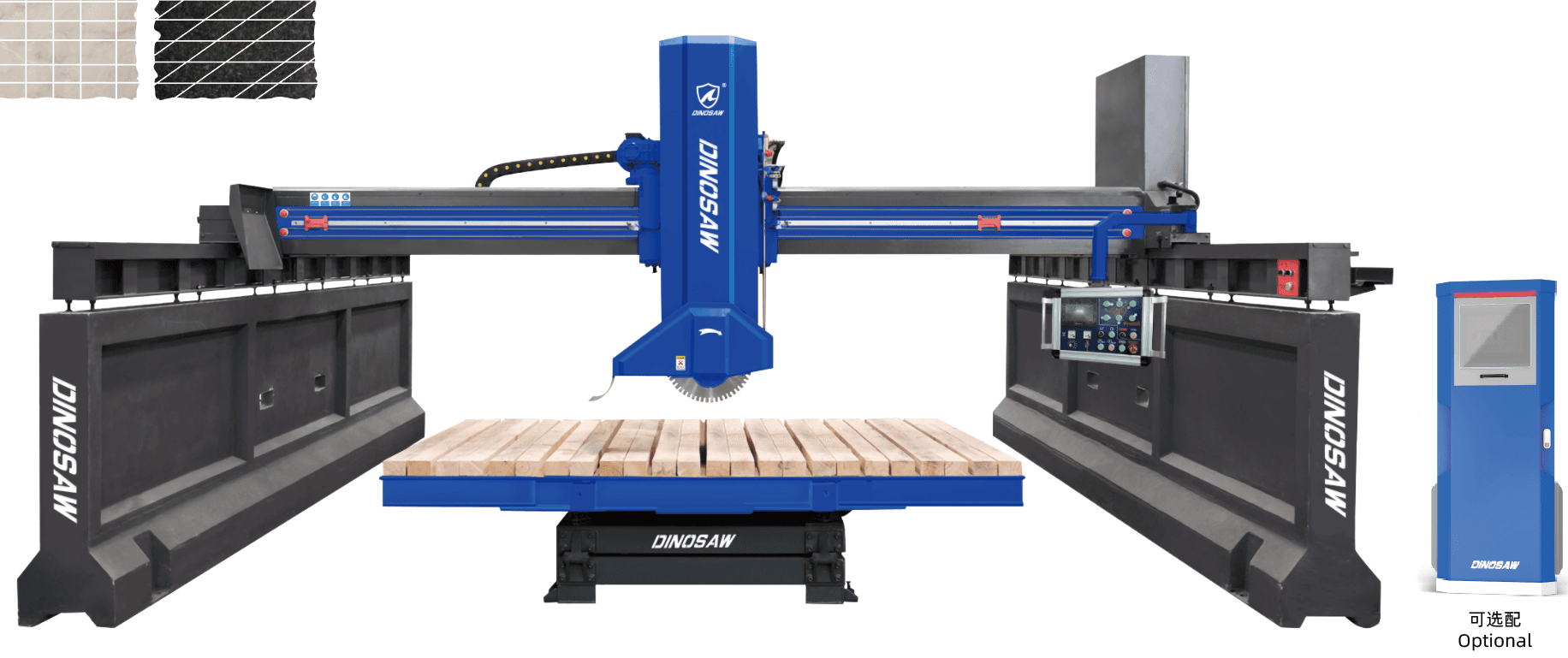 Dinosaw Intelligent Laser Bridge Cutting Machine, equipped with a precision blade for high-accuracy slab processing, featuring a user-friendly control panel and a sturdy base to handle large stone slabs.