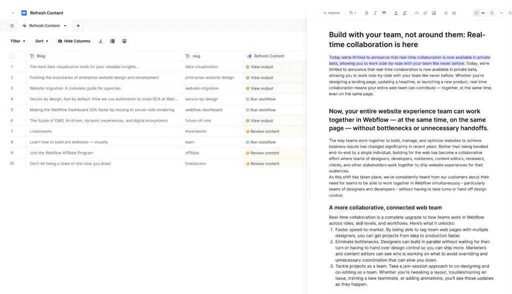 Split-screen view of AirOps content review and real-time human review functionality