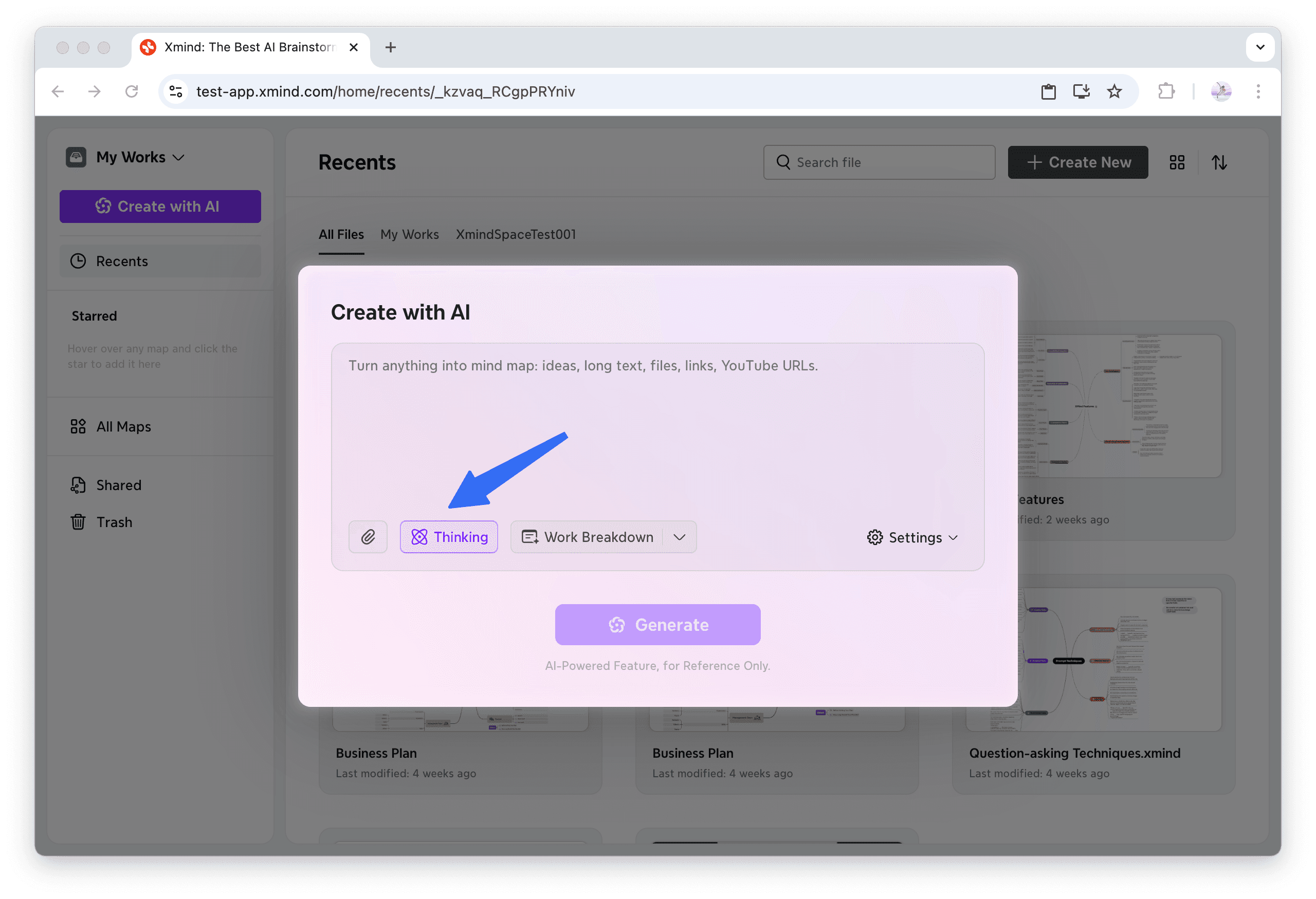 AI thinking mode interface with features displayed