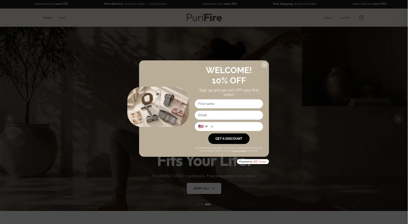 PuriFire welcome email opt-in popup offering 10% off a first order