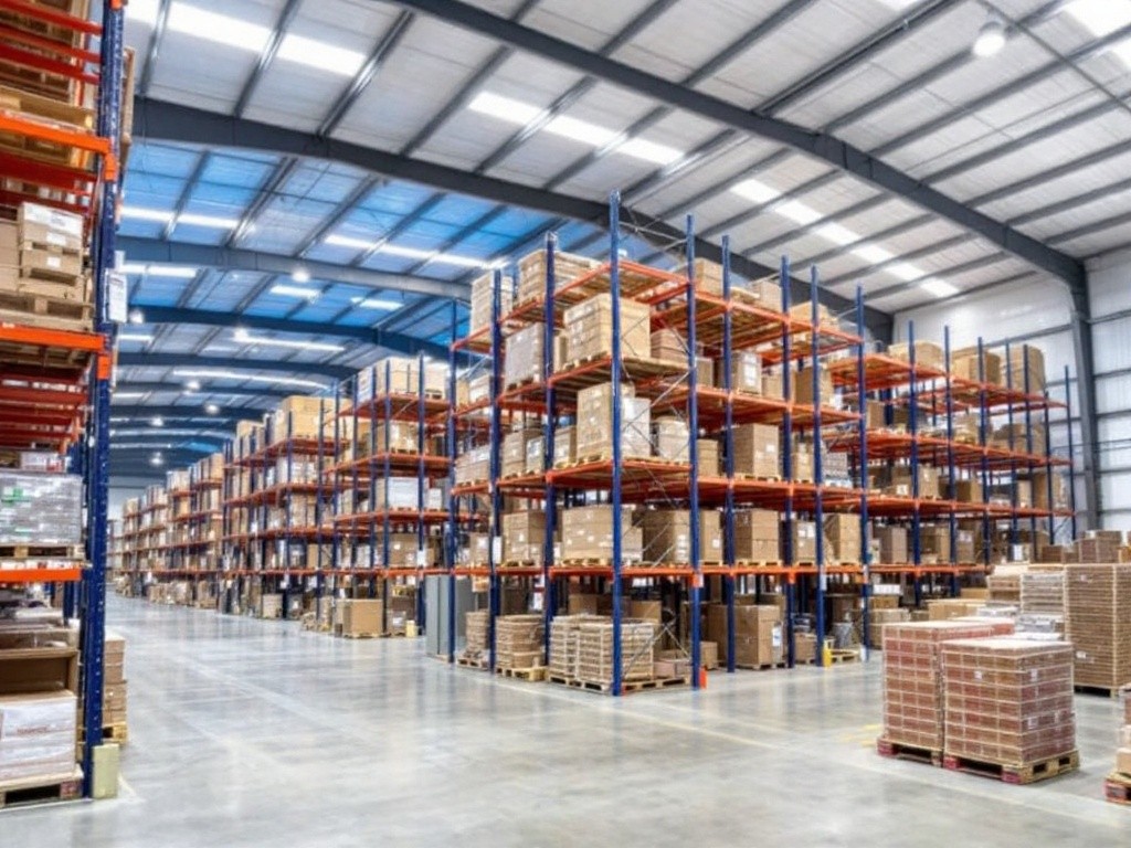A large warehouse with many shelves filled with boxes.