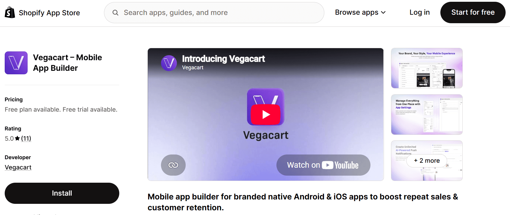 Vegacart Shopify mobile app builder interface