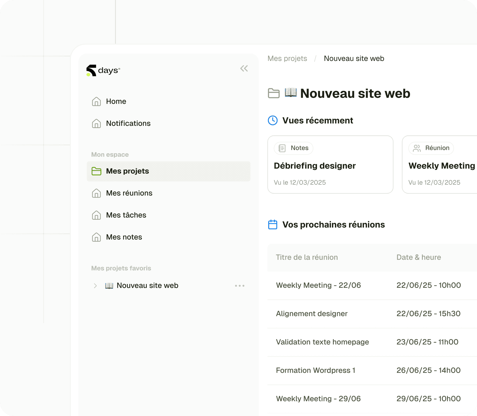 Vue de dashboard Google Meet.
