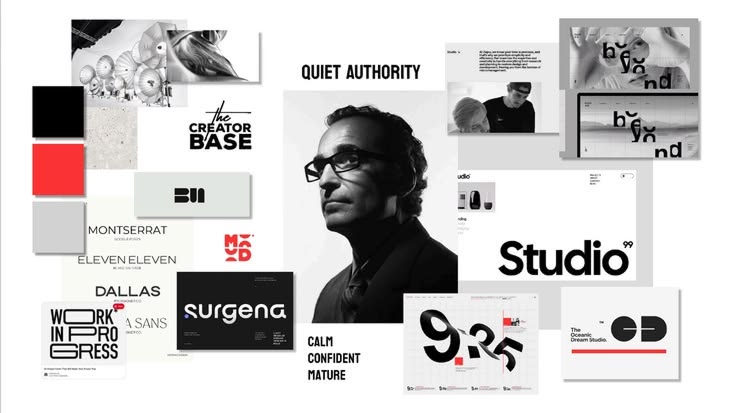A monochrome identity toolkit combining typography, imagery and modular communication layouts