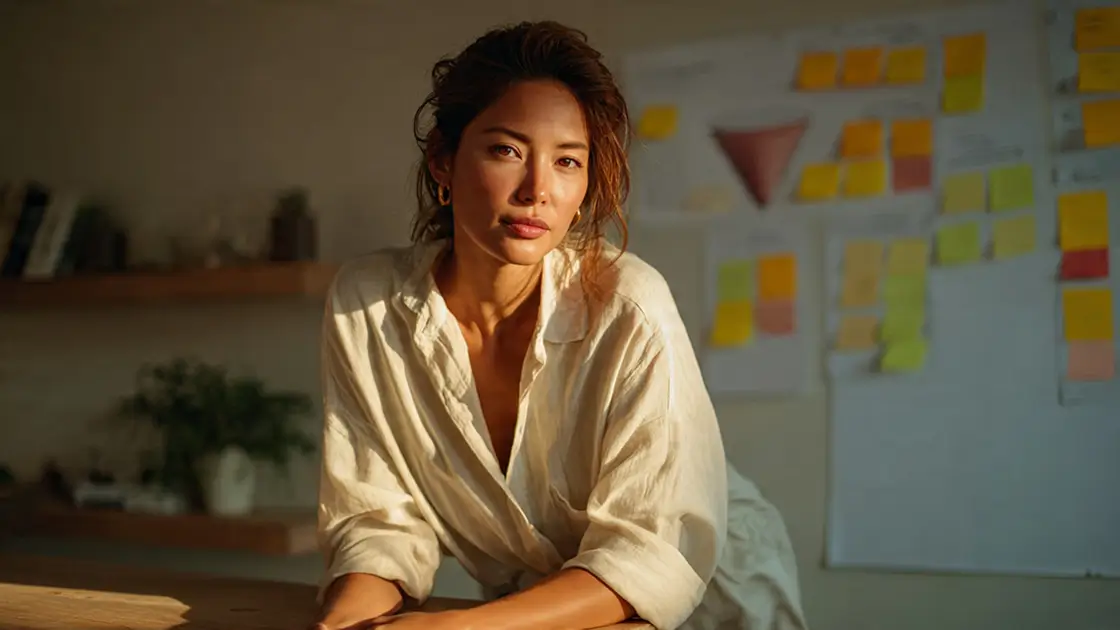 A creative professional in a relaxed white linen shirt at a wooden desk, with a brainstorming wall of sticky notes behind her in warm evening light