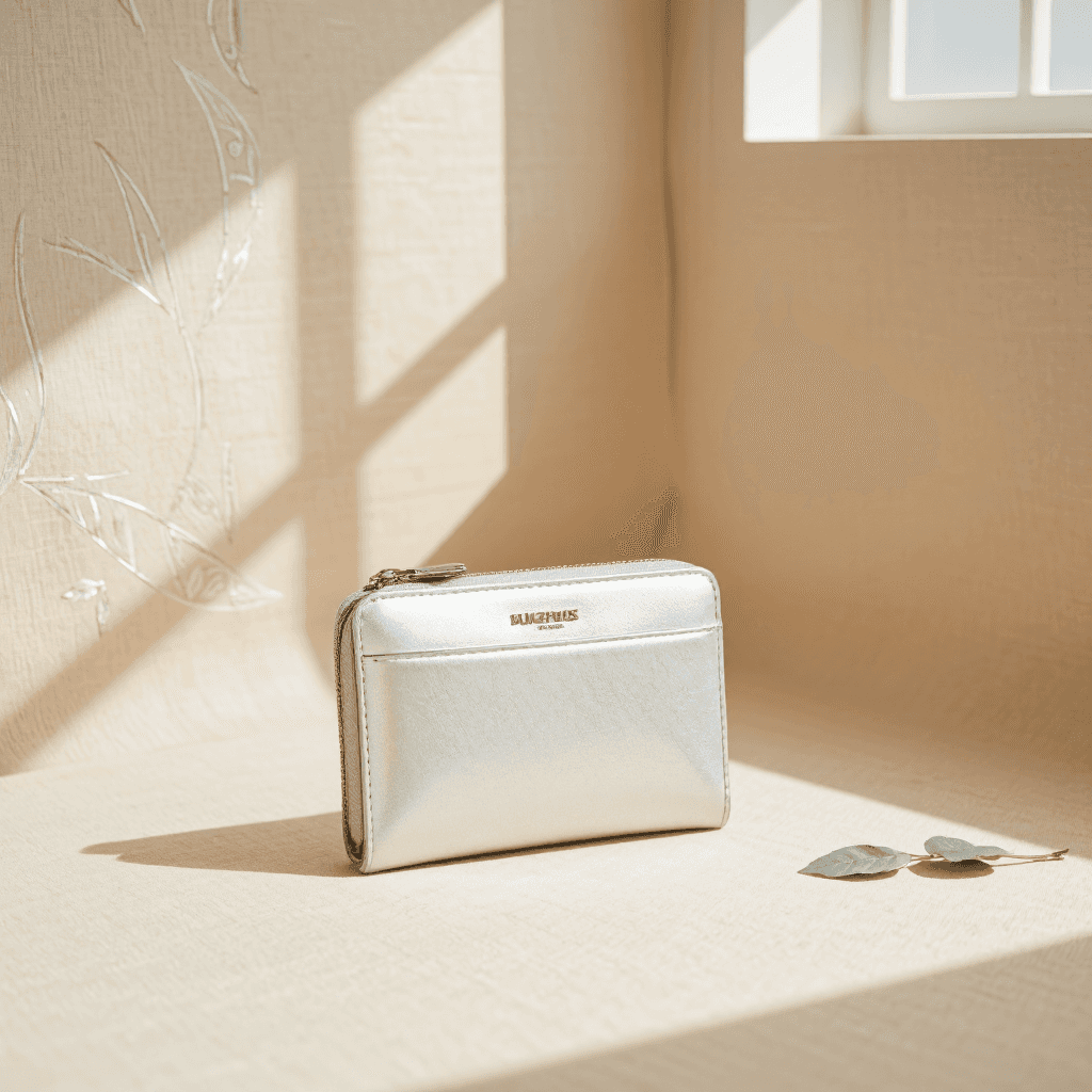 product photography of a small silver wallet with a zippered compartment