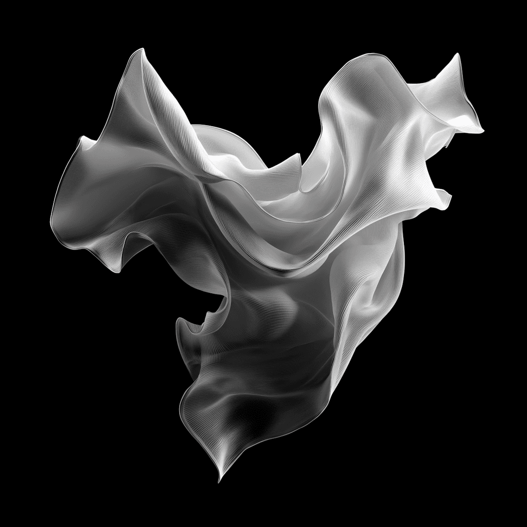 Abstract grayscale fabric-like structure with intricate folds and curves, set against a black background, creating a sense of motion.