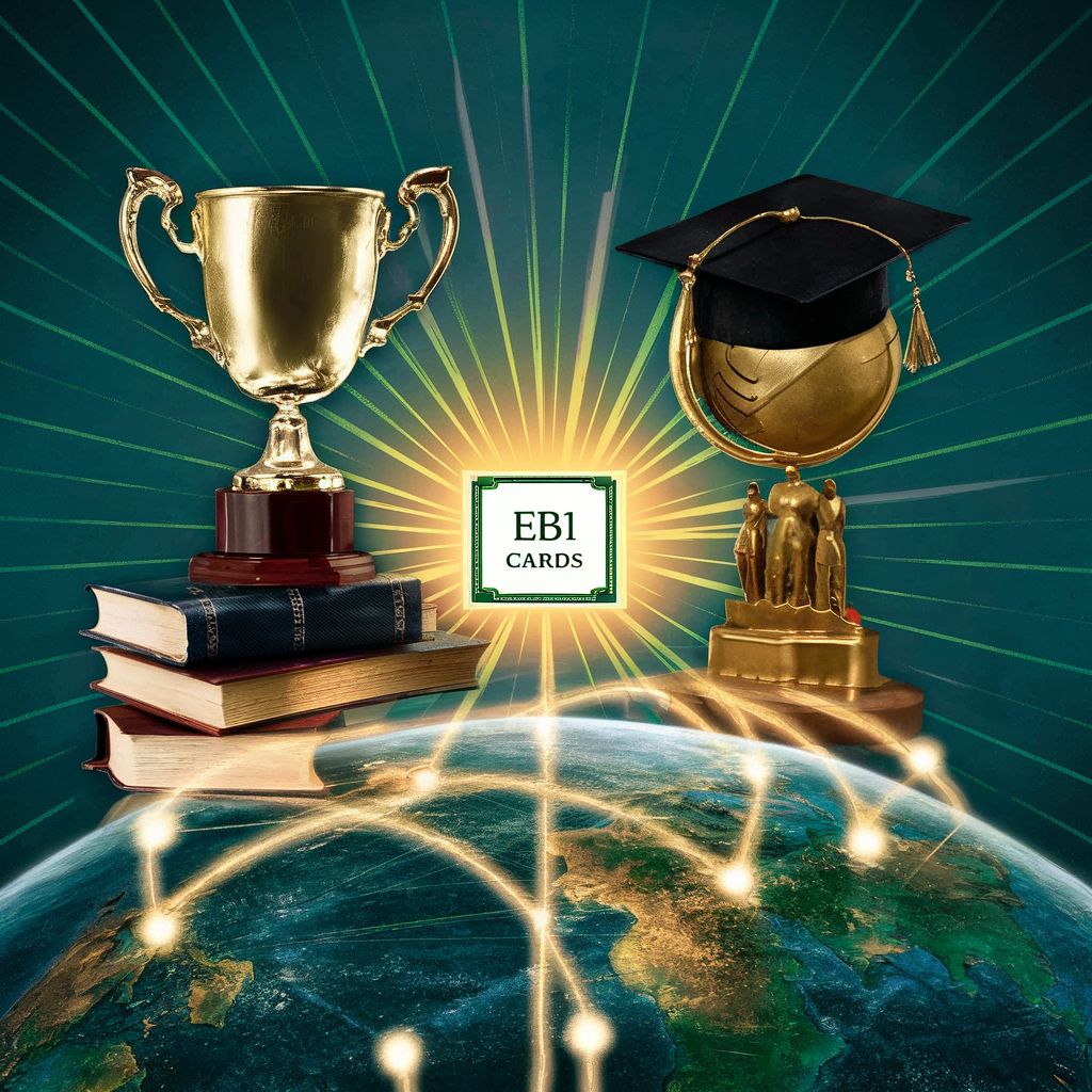 An elegant collage illustrating the EB1 Green Card's exclusive path, with a trophy, academic cap and books, and a globe with connecting lines, all leading towards a radiant U.S. Green Card, symbolizing the aspirational journey to American residency for the world's elite talents.
