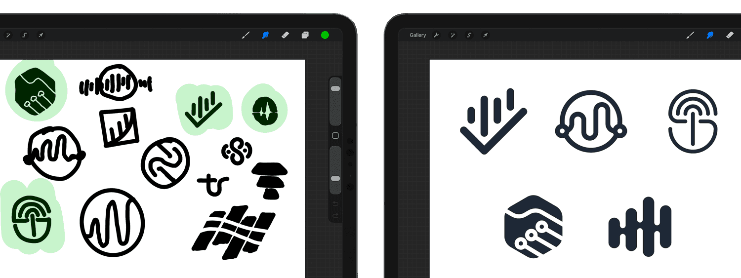 Visual representation of brand development, showing various logo concepts and design sketches on an iPad, contrasted with the final AI Trust Signals logo, featuring a digital handshake, displayed prominently on a laptop screen.