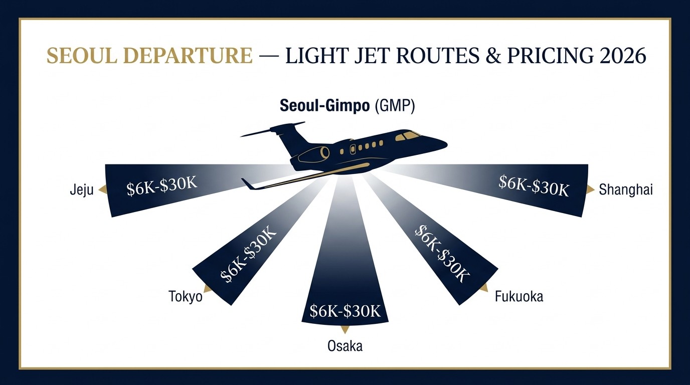 Light jet one-way pricing — Seoul to Jeju, Tokyo, Osaka, Fukuoka, Shanghai routes on Phenom 300E with hourly rate breakdown