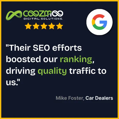 Coozmoo Digital Solutions 5-star Google review for SEO services by Mike Foster.