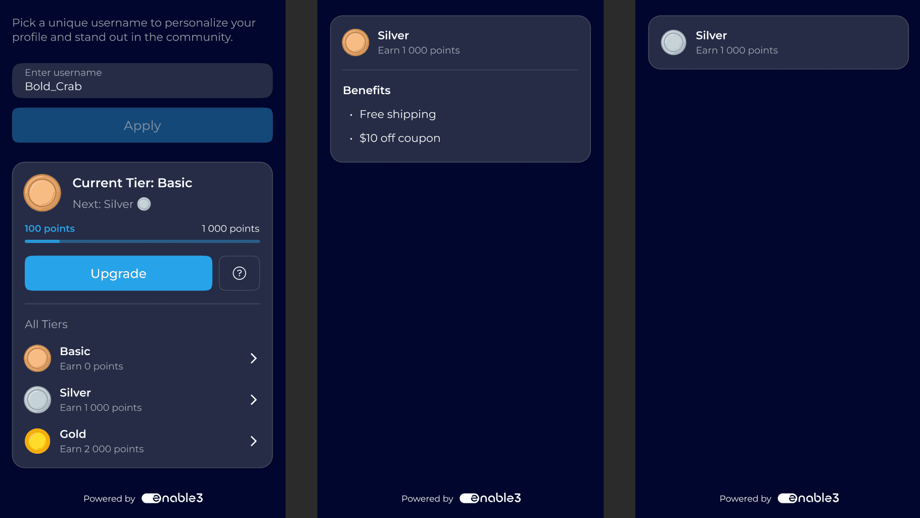 Enable3-powered loyalty app with three-screen flow: username personalization, tiered loyalty dashboard showing Basic tier with 100/1000 points progress bar and Upgrade button, tier list (Basic, Silver at 1,000 pts, Gold at 2,000 pts), Silver tier detail card with benefits (free shipping, $10 off coupon), and Silver tier hover/selected state