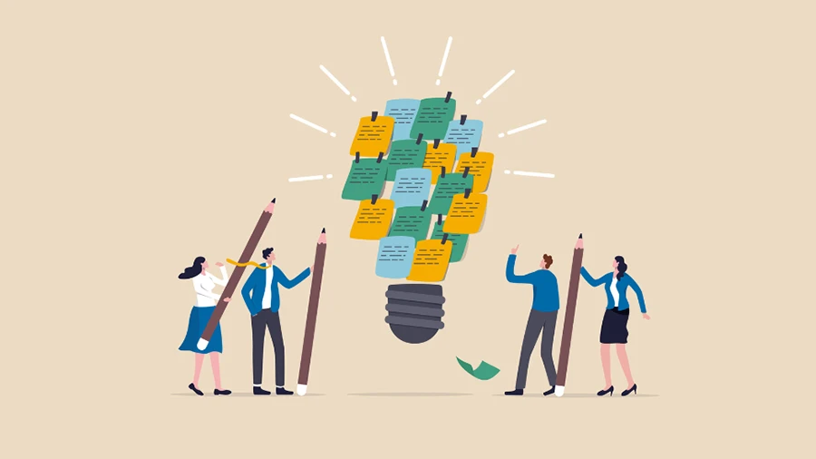 Illustration of four business people collaboratively drawing and building a glowing lightbulb made of colorful sticky notes, representing teamwork, brainstorming, and the ideation process in innovation.