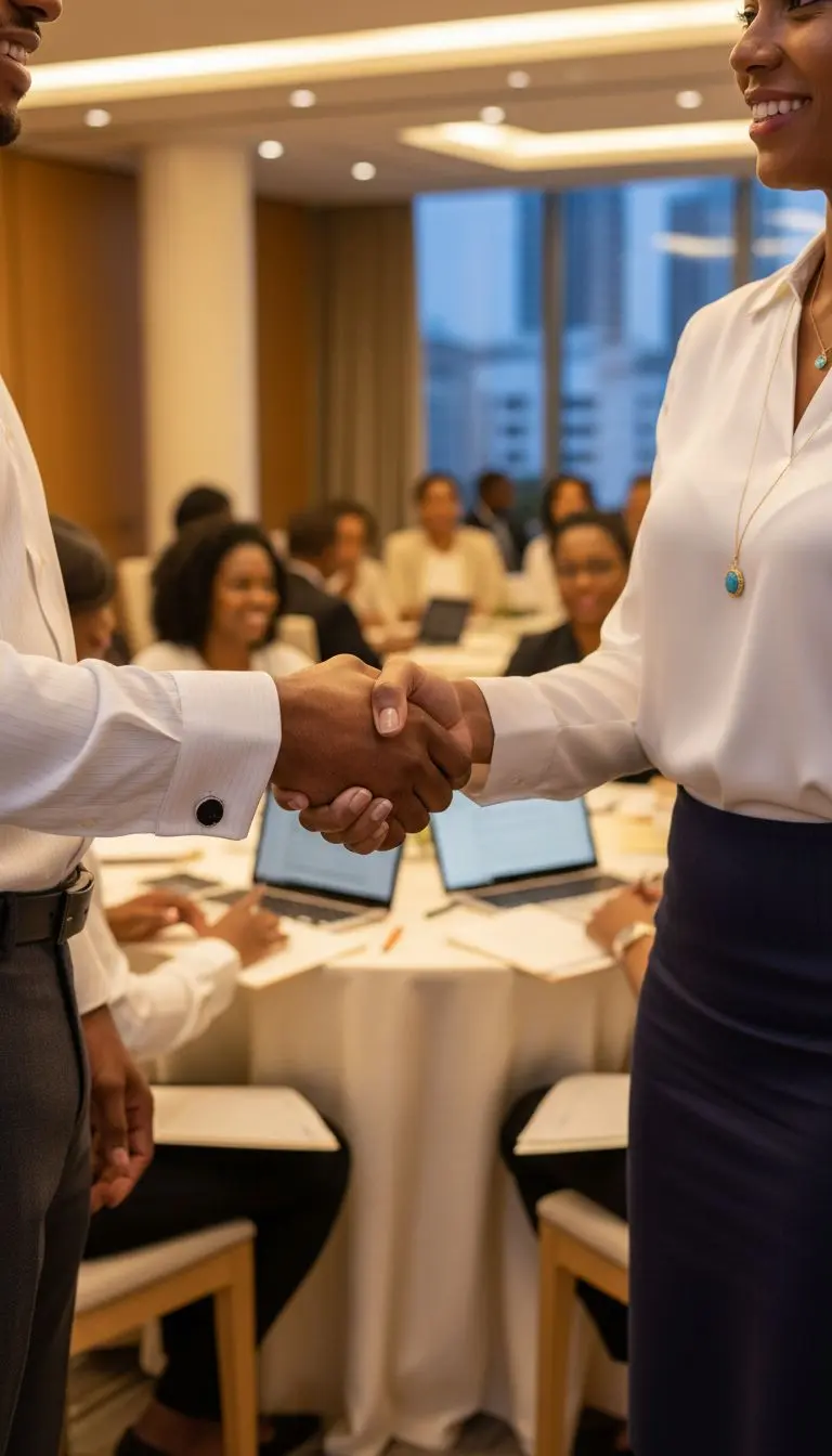 Close-up of a firm handshake between two Caribbean business professionals