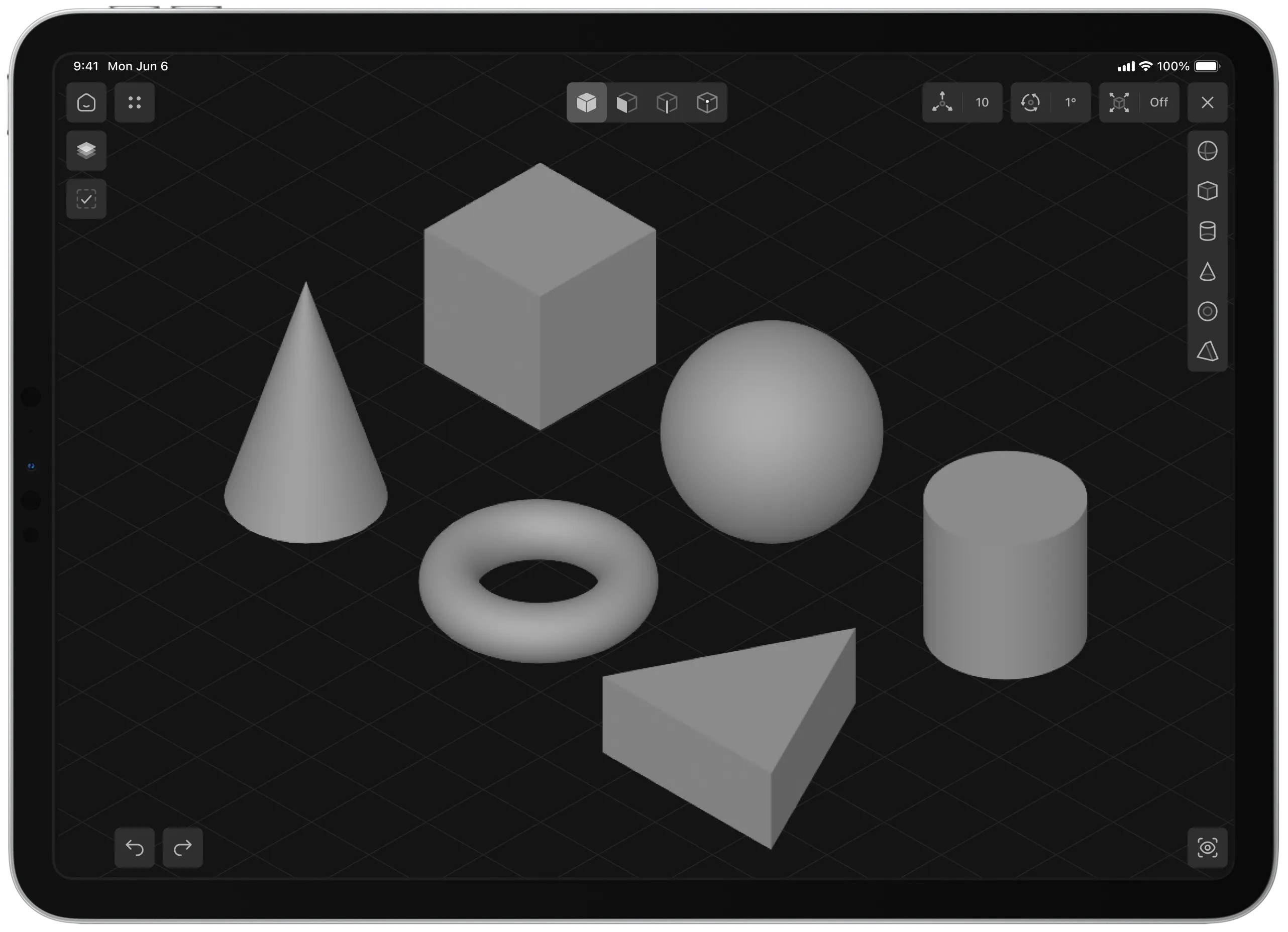 Shapeyard 3D editor interface showing basic primitive shapes on the scene, including a cube, sphere, cone, cylinder, torus, and prism.
