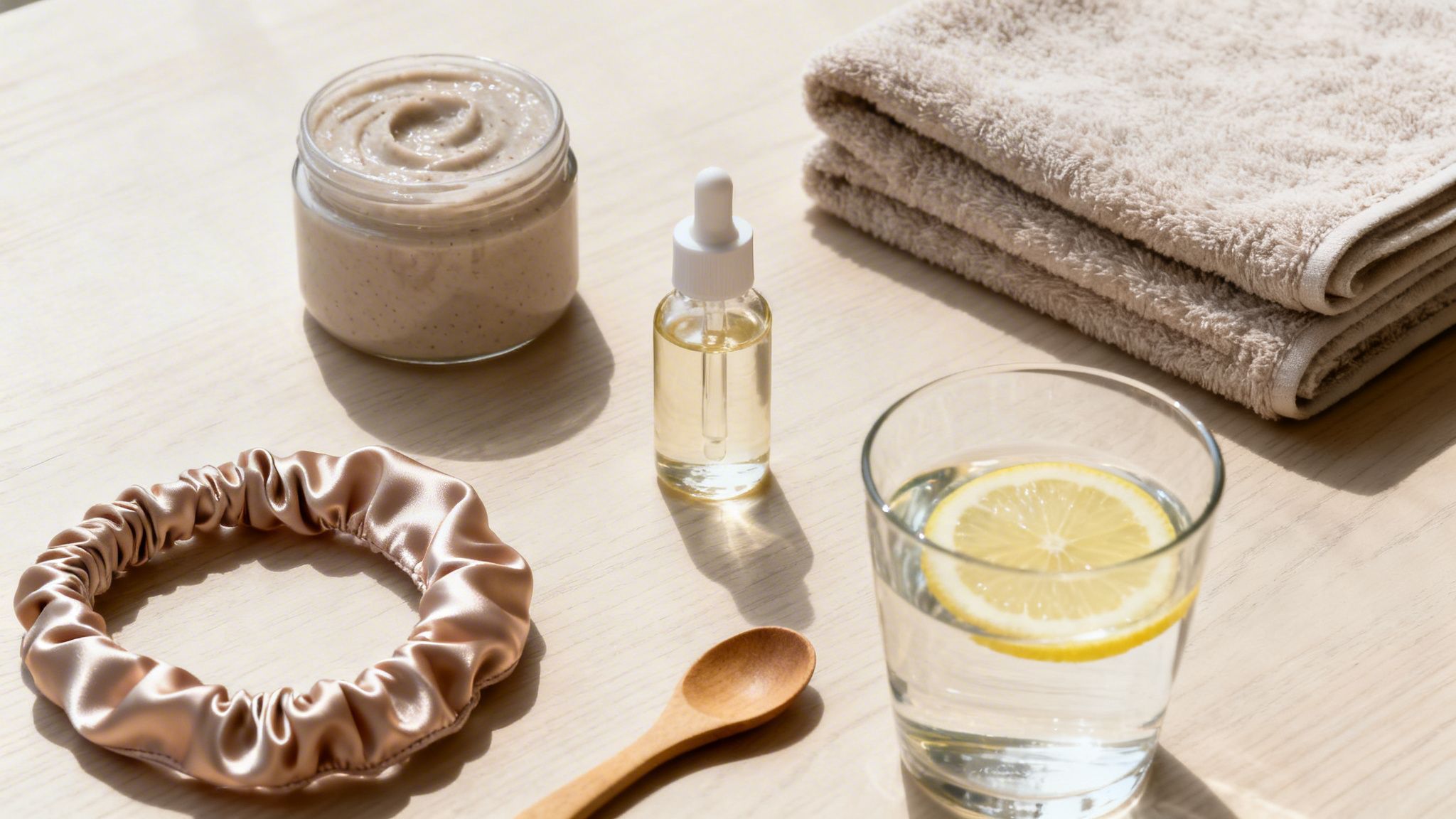 A self-care flat lay with scrub, serum, towels, lemon water, and a silk scrunchie.