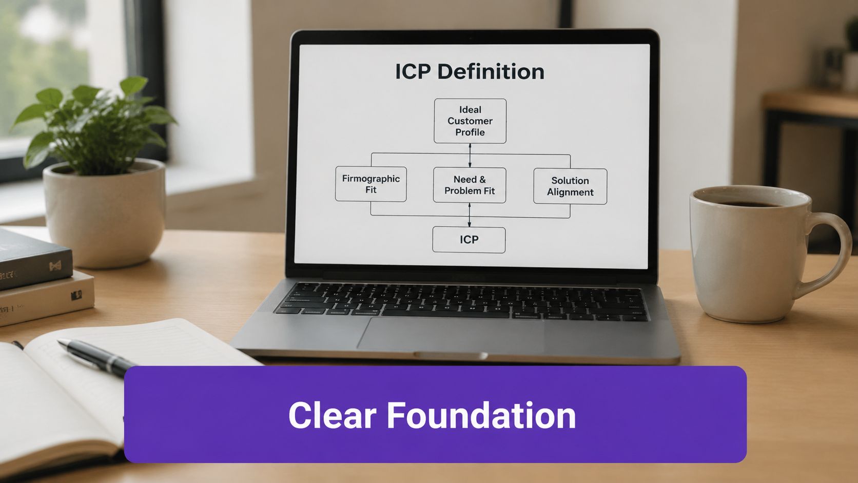 A laptop on a wooden desk displaying an ICP Definition chart featuring key customer profile components.