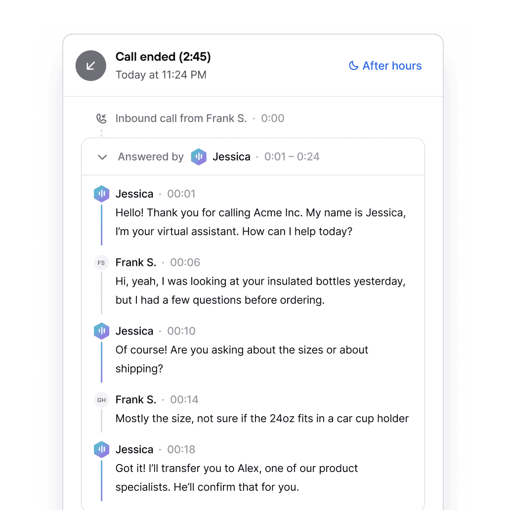 Consio's AI voice agent handling an after-hours inbound call, with a full call transcript showing the agent greeting a customer and answering questions about insulated bottles without any human involvement.