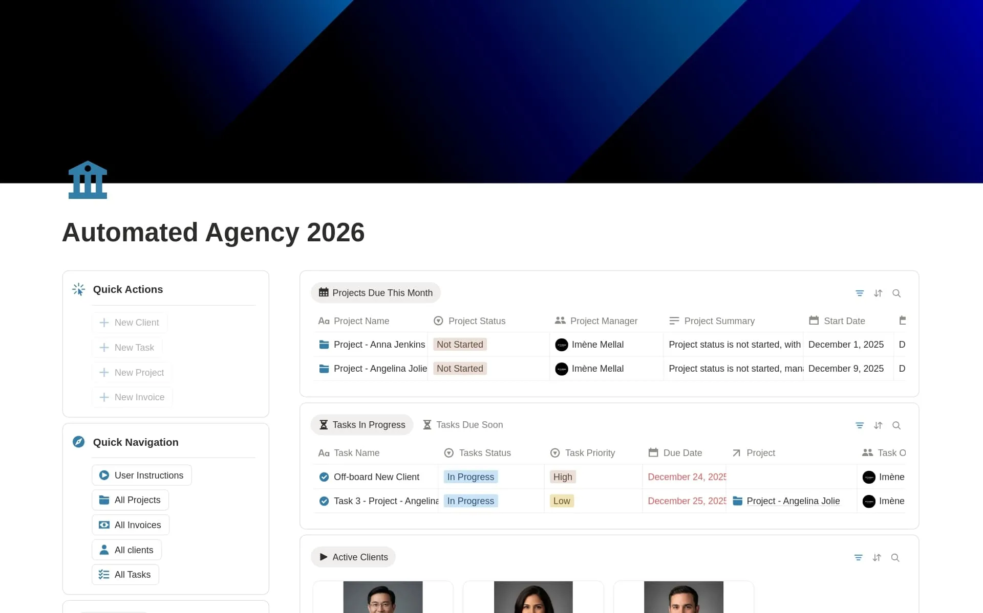 Screenshot of the Automated Agency 2026 Notion dashboard showing connected clients, projects, tasks, and invoices.