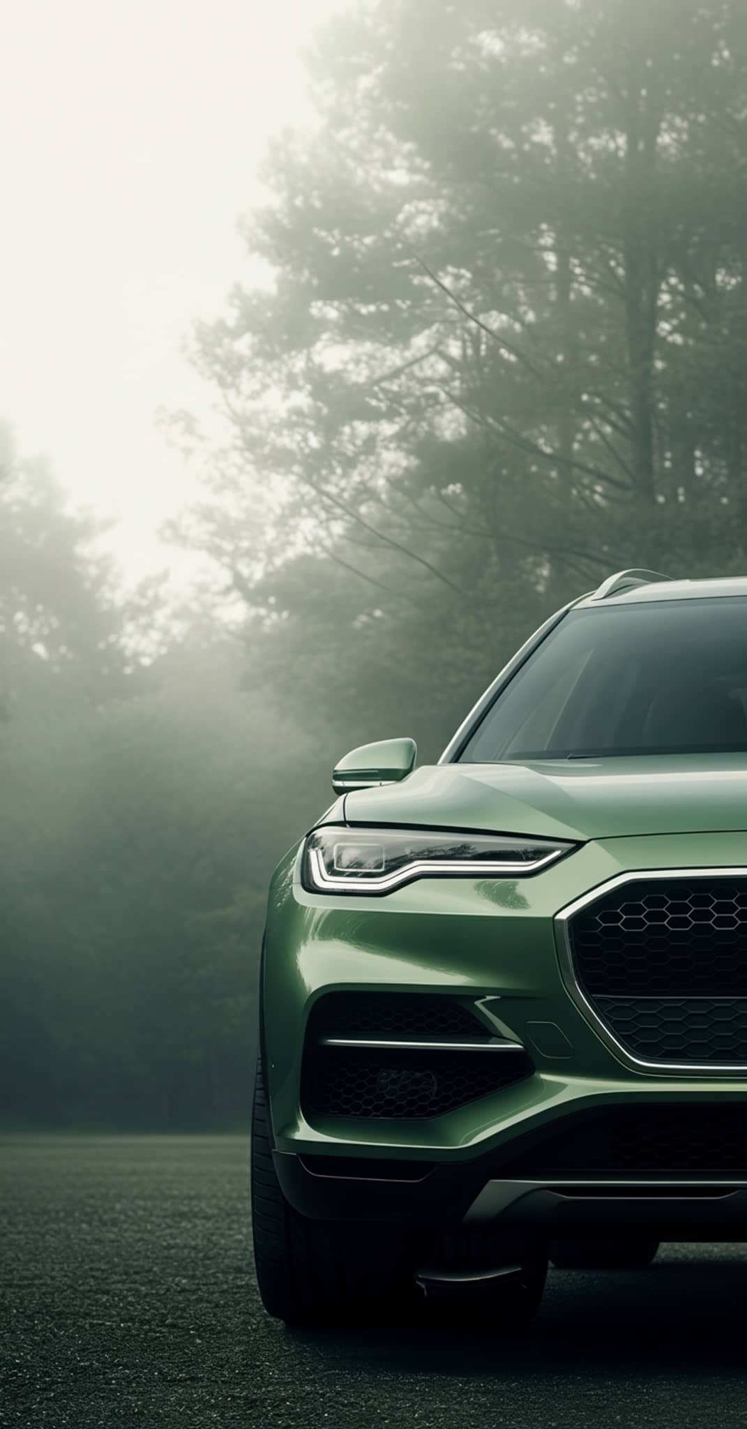 Partie avant d'un VUS haut de gamme vert foncé, mettant en évidence son phare à DEL et sa calandre imposante.