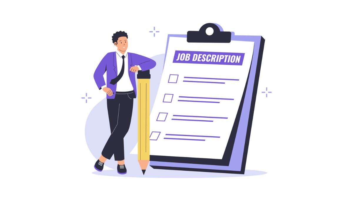 Illustration of a person in business attire standing beside a giant clipboard labeled “Job Description,” leaning on an oversized pencil with blank checkboxes on the page.